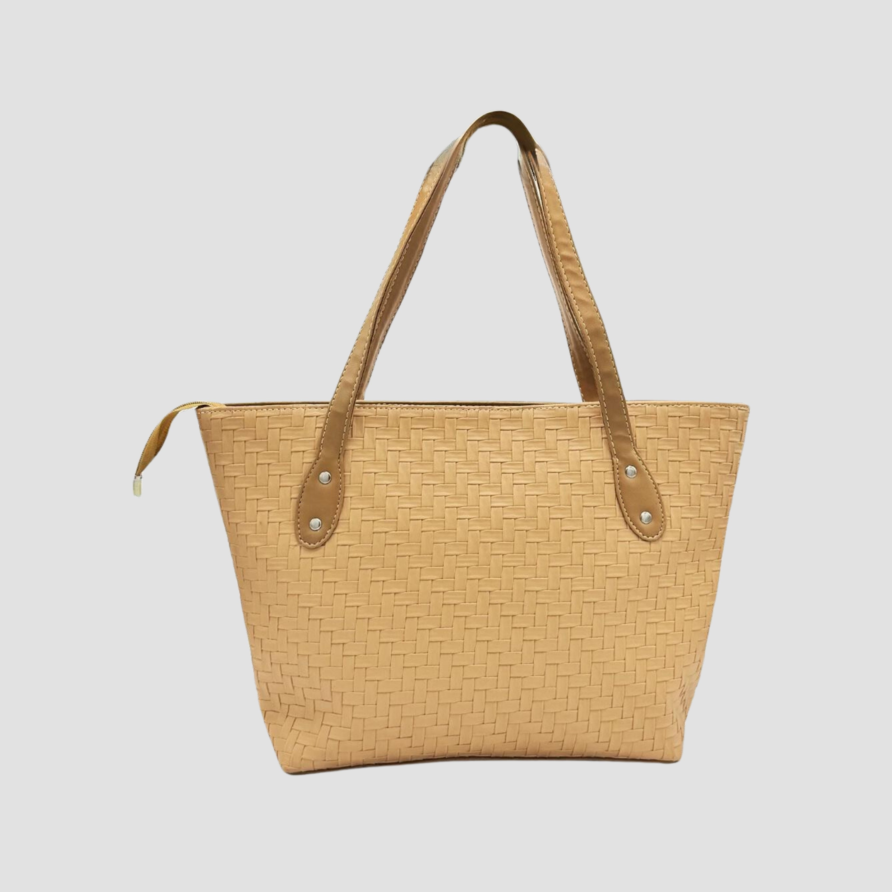 Tex Beige Top Zipper Tote Bag