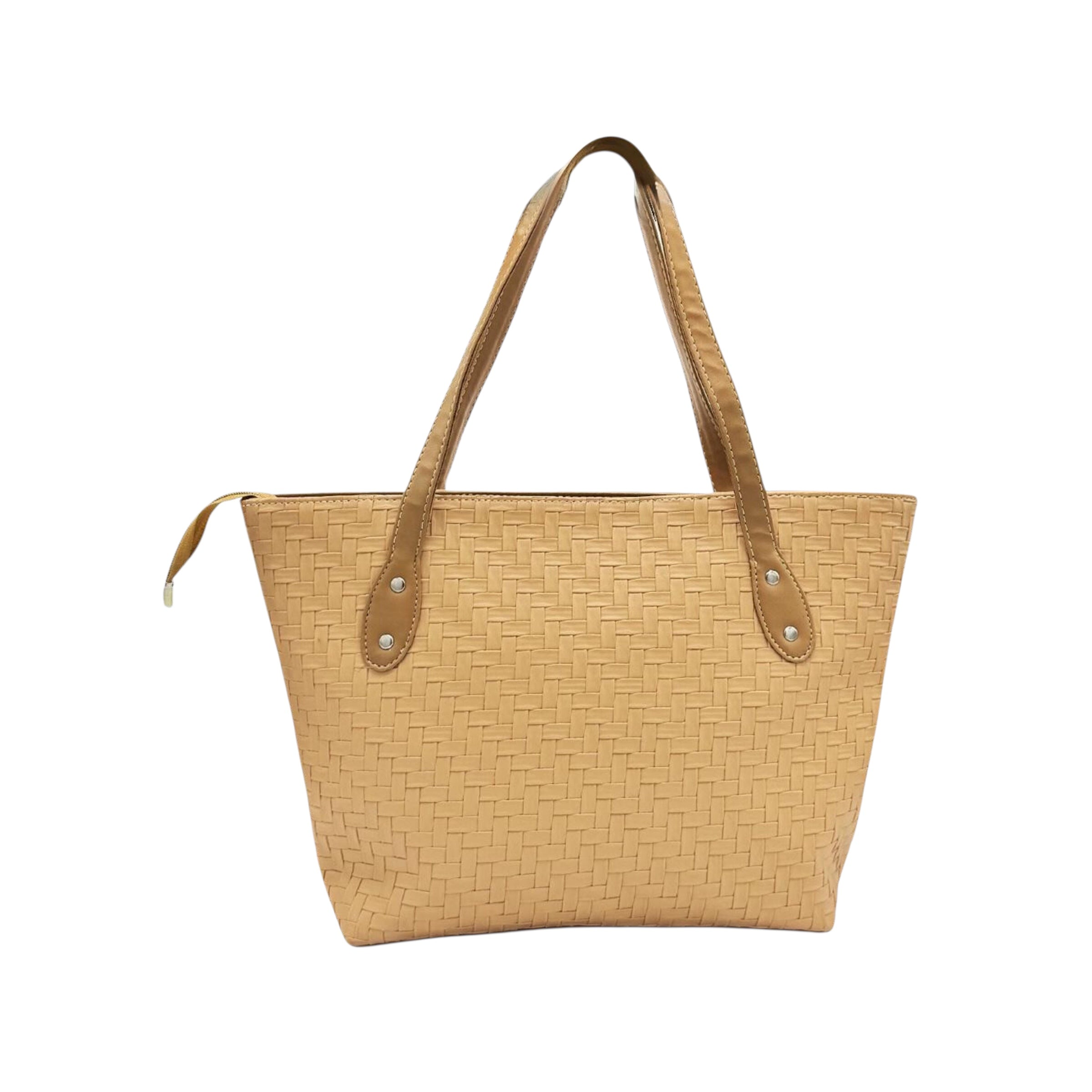 Tex Beige Top Zipper Tote Bag