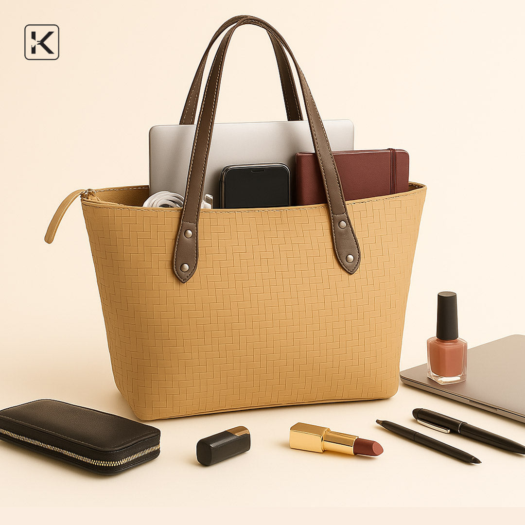 Tex Beige Top Zipper Tote Bag