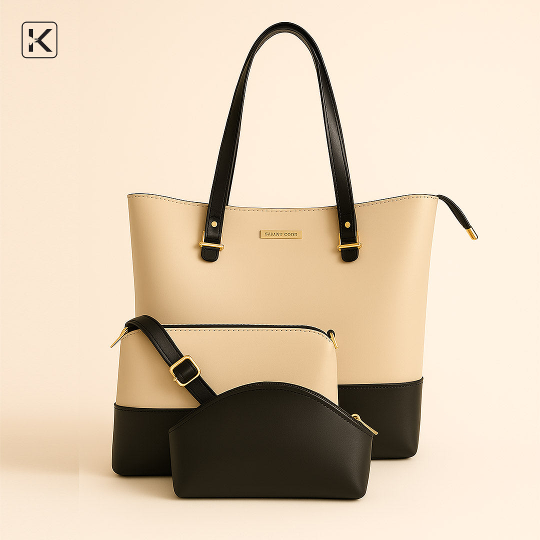 Moc 3-Pcs Set Beige Black Tote Bag