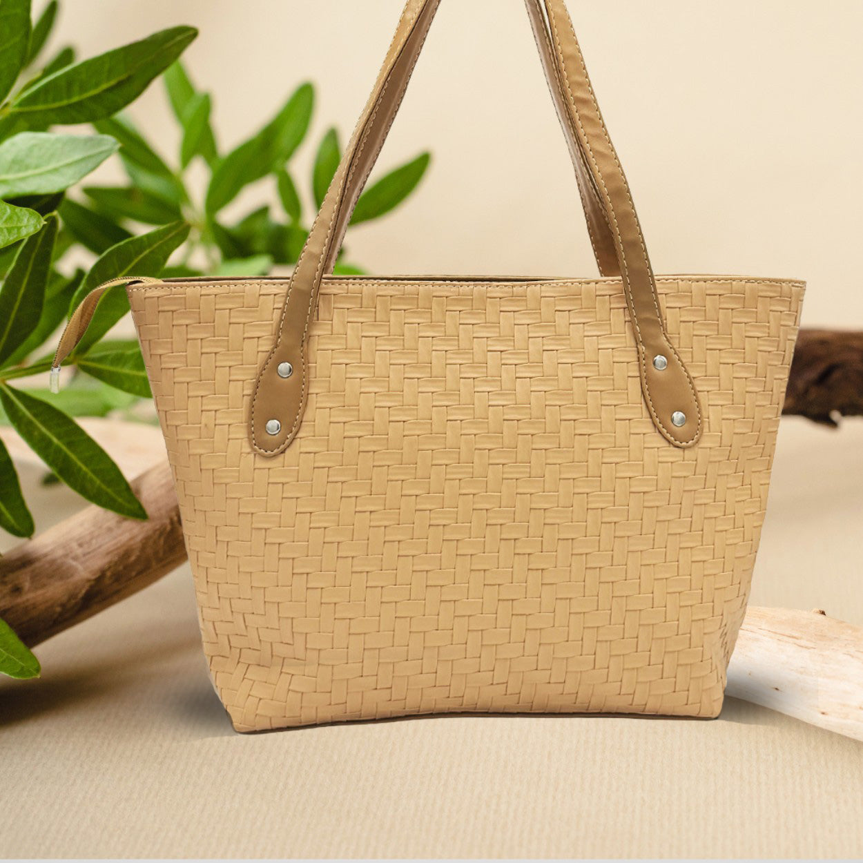 Tex Beige Top Zipper Tote Bag